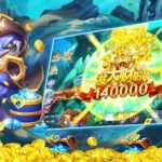 Tampilan gameplay Tembak Ikan Online di OKEWIN dengan karakter ikan lucu, senjata tembak, dan efek koin emas