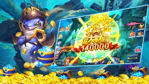 Tampilan gameplay Tembak Ikan Online di OKEWIN dengan karakter ikan lucu, senjata tembak, dan efek koin emas